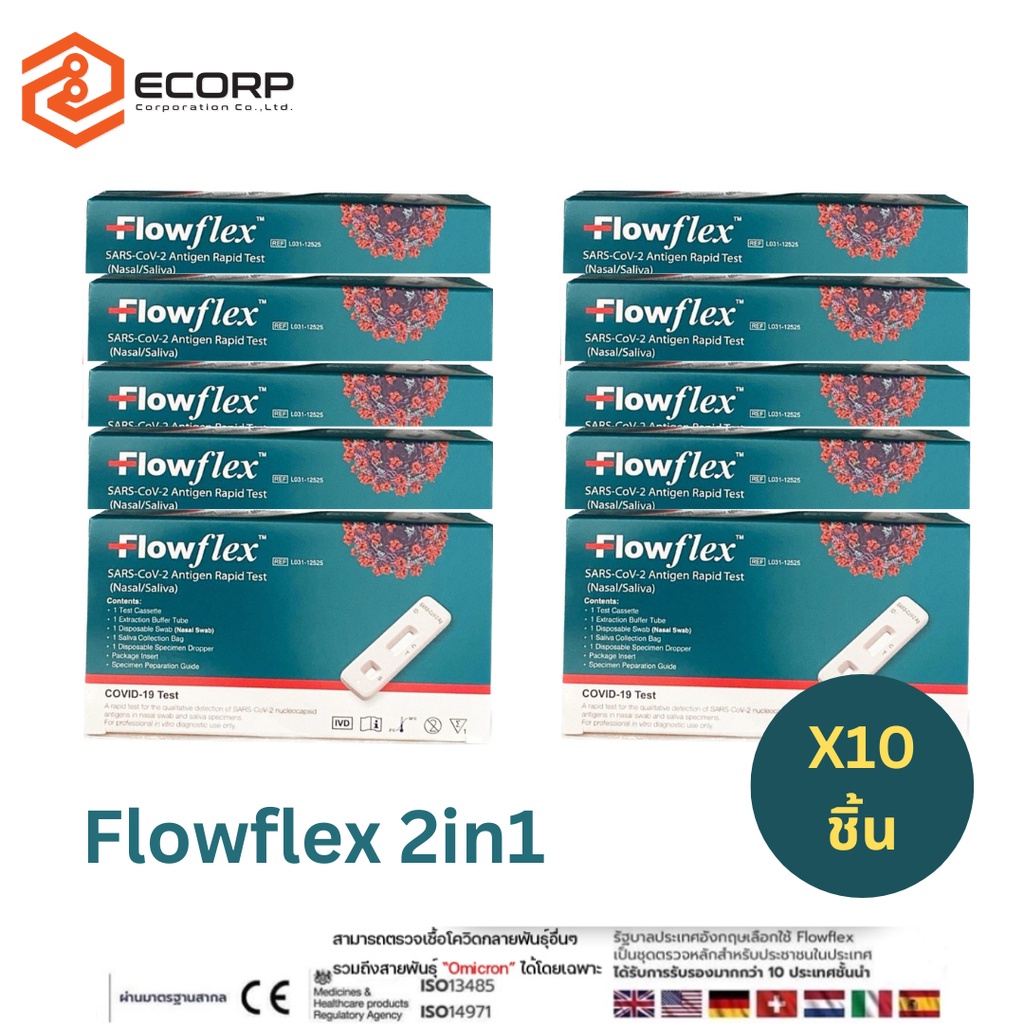 (10กล่อง)ชุดตรวจโควิด Flowflex 2in1 กล่อง 1เทส ATK ตรวจโอมิครอน จมูกน้ำลาย Nasal SalivaSwab