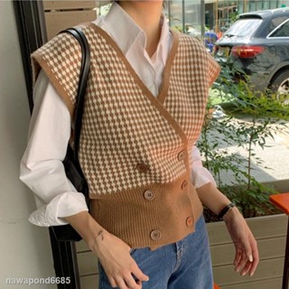 ♞Vest Retro V-neck Check Cardigan Knit Vest