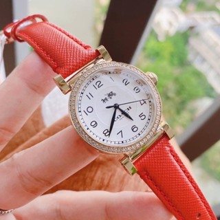 (ผ่อน0%) นาฬิกา Ladies Coach Madison Watch 14502400 สายหนังสีแดง ตัวเรือนสีทอง หน้าปัดกลมล้อมคริสตัล 32 มม.