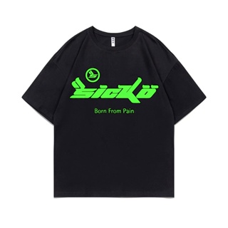 ถูกที่สุด Sicko Born From Pain Green Letter Logo Print Tshirt Men Women Hip Hop Rock Punk d T Shirt Short Sleeve Summer