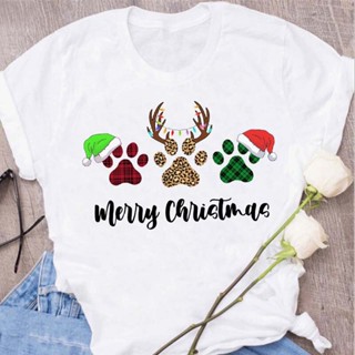 เสื้อยืดคริสต์มาส Merry Christmas   Dog  Paws Tshirt Cartoon Tops Happy Holiday New Year Tshirt Female Tees Women xmas