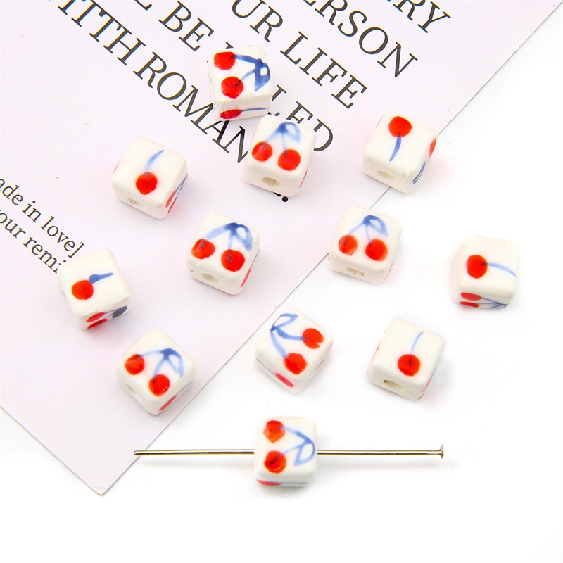 [8X8 มม.] ลูกปัดเซรามิค ทรงสี่เหลี่ยม ขนาดใหญ่ จี้รูปเชอร์รี่ สําหรับทําสร้อยข้อมือ diy