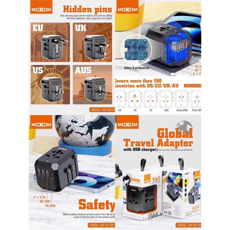 MOXOM MX-HC120 Global Travel Adapter พร้อมเครื่องชาร์จ USB 3USB (1x18W)+Type-C (PD20W)