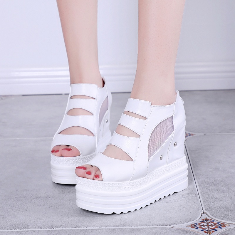 ปากปลาผู้หญิง Wedges รองเท้าแตะ 12 ซม.รองเท้าส้นสูงลาดรองเท้าแตะ Shorty Heighten รองเท้าแตะ