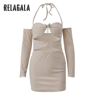 Relagala ชุดเดรสแขนยาว เซ็กซี่ สีพื้น แฟชั่นสําหรับผู้หญิง 2023