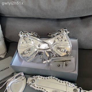 ✠❈△【In Stock】 Balenciaga Silver Metal Original New Leather Bag For Women Le Cagole XS Oil Wax Layer