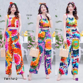 TW17412 set 3ชิ้น เสื้อเอวจั้มพิมลาย + กางเกงพิมลายขายาว + โบว์ผูกผม