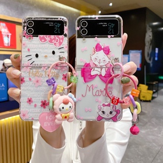 เคสโทรศัพท์มือถือ PC แข็ง แบบใส กันกระแทก ลายการ์ตูนแมว hello Kitty Disney Marie พร้อมสายโซ่คล้อง สําหรับ Samsung Galaxy Z Flip 4 5G Z Flip 3