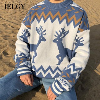 Ielgy เสื้อกันหนาว แบบสวม สีแดง ลายกวางคู่ สไตล์เกาหลี คริสต์มาส สําหรับผู้ชาย