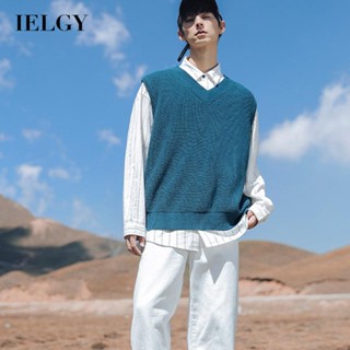 Ielgy เสื้อกั๊ก ผ้าถัก ทรงหลวม สีพื้น สไตล์ฮ่องกง สําหรับผู้ชาย