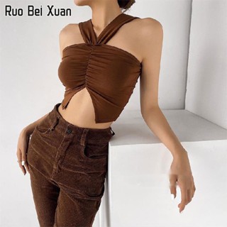 RUO BEI XAUN เชือกแขวนคอ เสื้อชั้นในสตรี เสื้อชั้นนอกสตรี เปิดหลัง ร่องบาง เสื้อถักนิตติ้งสั้น