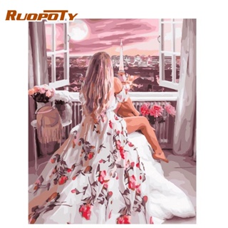 Ruopoty ภาพระบายสีตามตัวเลข บนผ้าใบ รูปเด็กผู้หญิง สีชมพู 60x75 ซม. 50x65 ซม. 40x50 ซม. สําหรับตกแต่งบ้าน