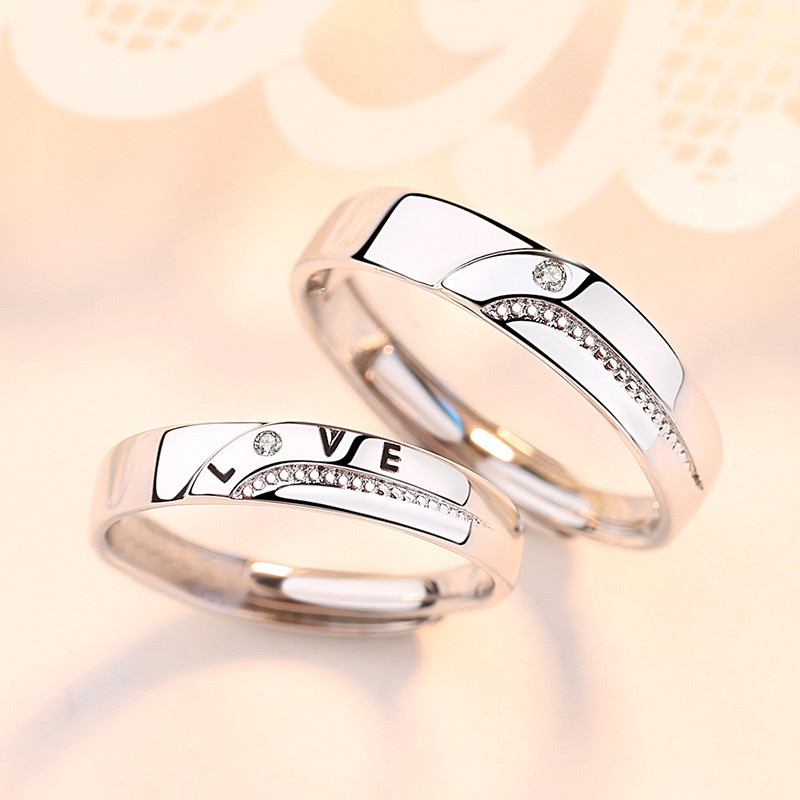 2PCS I Love You งานแต่งงานแหวนคู่ CZ 925 เงินสเตอร์ลิงเปิดแหวนผู้หญิงผู้ชายชุด
