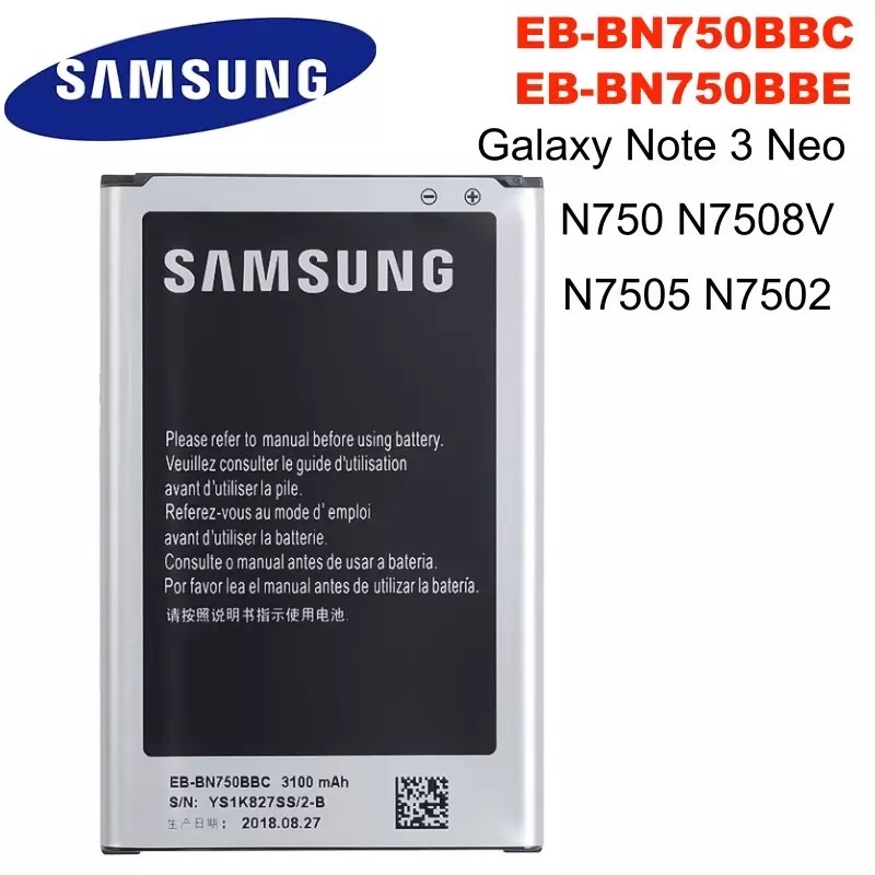 Samsungแบตเตอรี่ทดแทนสำหรับGalaxy Note 3 Neo N750 N7508V SM-N7505 N7502 EB-BN750BBC EB-BN750BBE 3100