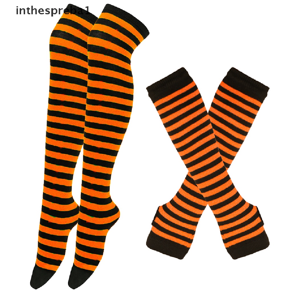 inthespreba1^^ 1 Set Women Girls Over Knee Long Stripe Printed Thigh High Cotton Socks Arm Sleeve Gloves Sweet Cute Plus Size Overknee Socks *new