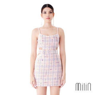 [MILIN] Waikiki Dress Multi-color checked tweed belted side cut out mini dress เดรสสั้นสายเดี่ยวเว้าเอวผ้าทวีตหลากสี