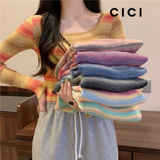 Cici(NO.7290)เสื้อไหมพรมแขนยาว ลายทางคอเหลี่ย สีเรนโบว์จับแมทซ์ทุกลุคevery day