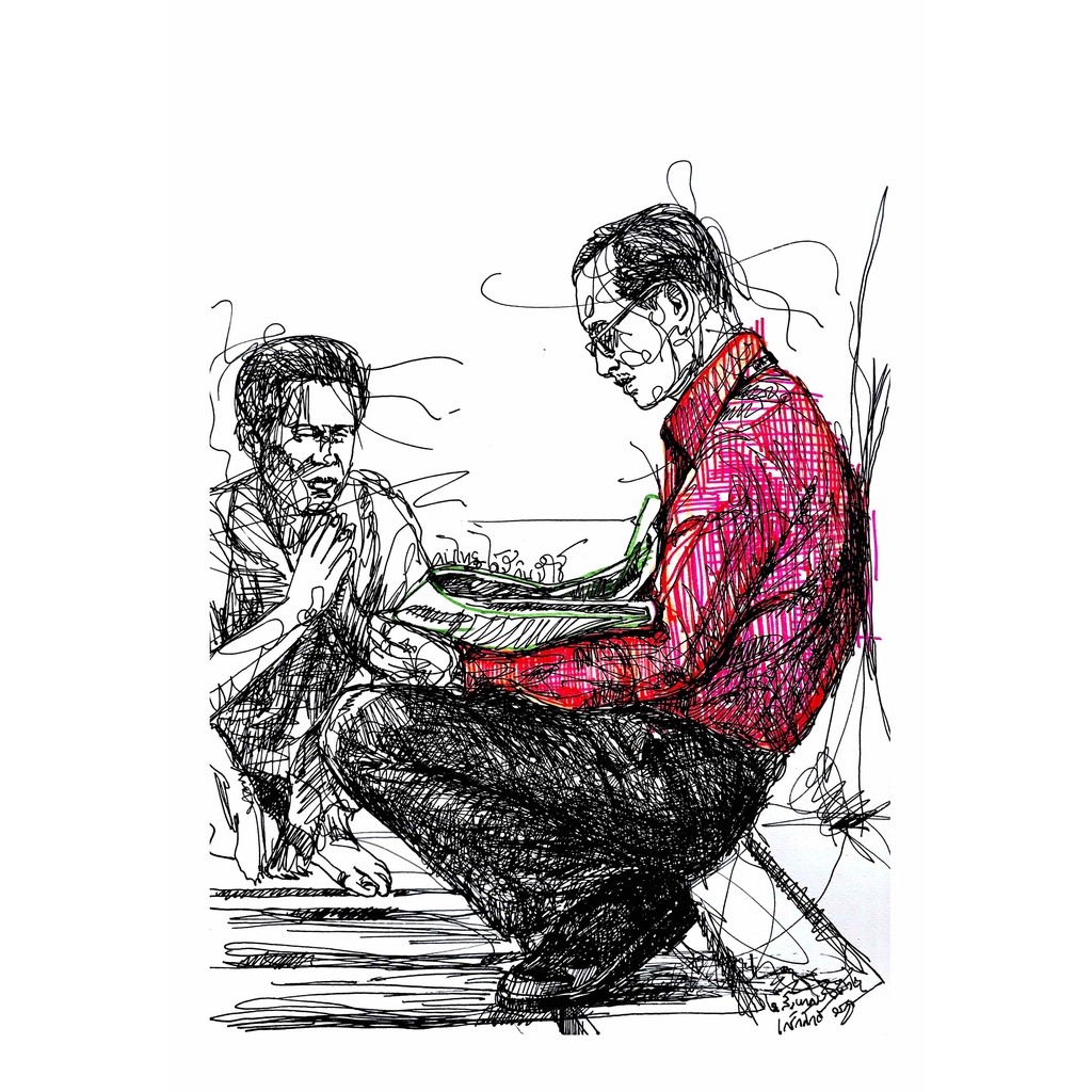 ภาพวาดในหลวง ร 9 เยี่ยมราษฎร์ LZ-K016  ภาพวาดลายเส้นปากกาหมึกซึม งานปริ้นท์เลเซอร์