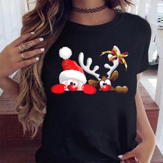 แฟชั่นผู้หญิง Tops Tee ผู้หญิง Merry Christmas Holiday Tshirts ตลก Santa Reindeer พิมพ์สีดำเสื้อยืดหญิงเสื้อยืด 471