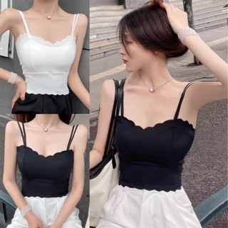 900Shop📌สายเดี่ยวสองเส้น คอวีขอบแต่งหยัก 2 สี อกมีฟองน้ำ