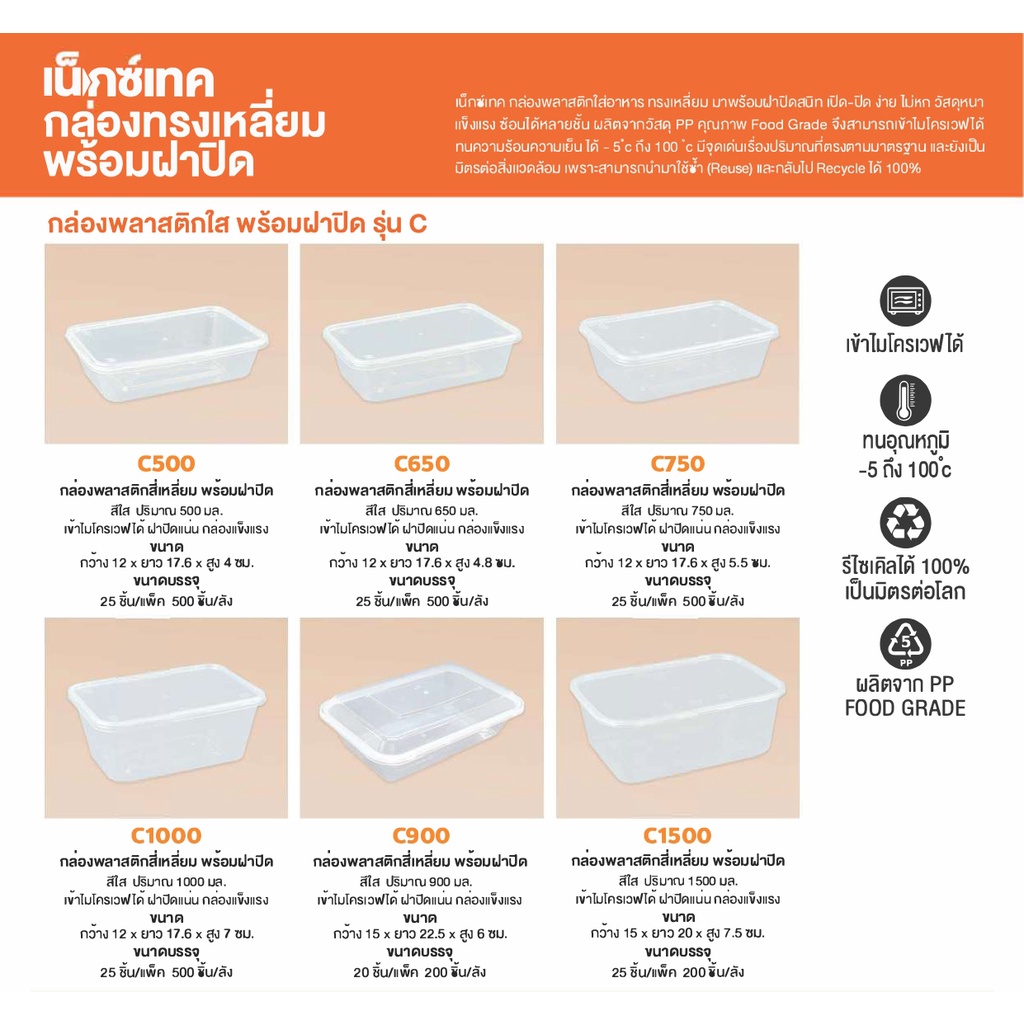 Nextech กล่องพลาสติกใสทรงเหลี่ยม พร้อมฝาปิด รุ่น C c500, c650, c750, c900, c1000 และ C1500