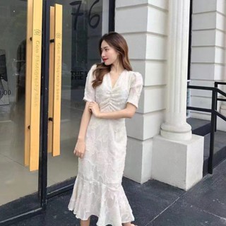 💕Allure dress💕ฝรั่งเศสแสงหรูหราตัดดอกไม้ชีฟองแขนพัฟคอวีฤดูใบไม้ผลิและฤดูร้อนใหม่รอบเอวชุดนางเงือกสลิมมิ่ง