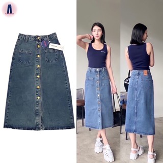 Nina jeans (S-2XL) กระโปรงยีนส์กระดุมทองหน้าฟอกสีสนิมผ้าไม่ยืดกระเป๋าหน้า y2k #6584