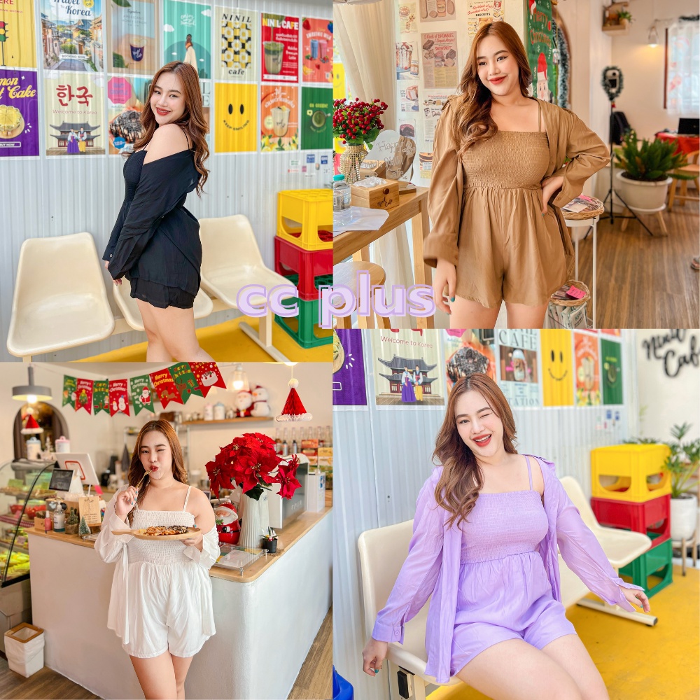 CiCi Plus+(1100)SET เสื้อแขนยาว+เดรสสายเดี่ยวกางเกง ใส่แล้วเพรียวน่ารักปุกปิกสไตล์โคเรียมากสาวอวบPlue Size