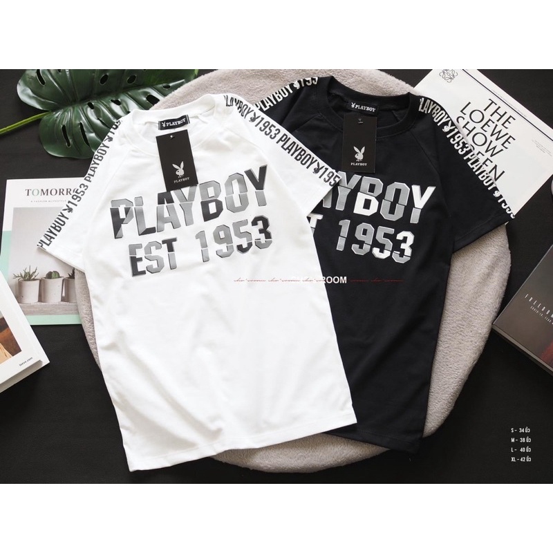 พร้อมส่ง เสื้อยเพลบอย playboy สุดเท่ ดีเทลสกรีนตรงแขนและหน้าอก ผ้าคอตตอนล้วน นิ่ม เกรดพรีเมี่ยม