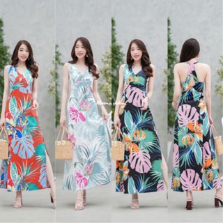 Maxi dress คอวีลายใบไม้สุดชิค ตัดต่อช่วงใต้อก สายไขว้ด้านหลัง ผ่าด้านข้าง 1 ข้าง