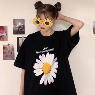 เสื้อยืดแขนสั้น พิมพ์ลายดอกเบญจมาศ ทรงหลวม ขนาดใหญ่ แฟชั่นฤดูร้อน สไตล์เกาหลี สําหรับผู้หญิง 2022