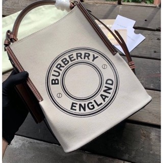 NEW BURBERRY SMALL LOGO GRAPHIC COTTON CANVAS PEGGY BUCKET BAG