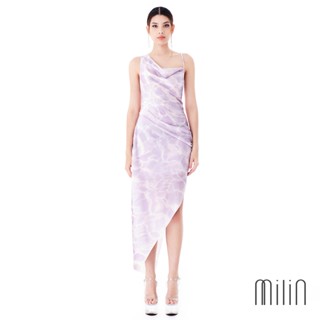 [MILIN] Pori Dress Cowl halter neckline asymmetric side ruched printed glossy spandex dress ชุดเดรสคอถ่วงพิมพ์ลายแขนกุด