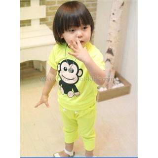 STPB-226 ชุดเซ็ทเด็กผู้ชายแขนสั้นขาสั้น ลายลิง สีเขียว Size-130 (6-7Y)