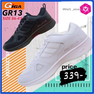 GiGa GR13 รองเท้าผ้าใบ (แบบหนัง) ผูกเชือก 36-41 สีขาว/ดำ ยหห