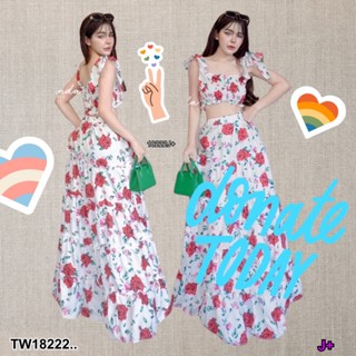 18222 set 2 ชิ้น เสื้อผูกไหล่ลายดอกไม้ + กระโปรงยาวลายดอกไม้ 2-piece set: floral print blouse + floral print long skirt