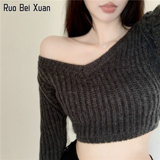 RUO BEI XUAN เสื้อสเวตเตอร์สตรีทรงครอปชั้นฐานถัก