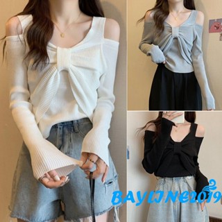 Bay- เสื้อยืดแขนยาว เปิดไหล่ ผ้าถัก ประดับโบว์ด้านหน้า สีพื้น สําหรับผู้หญิง