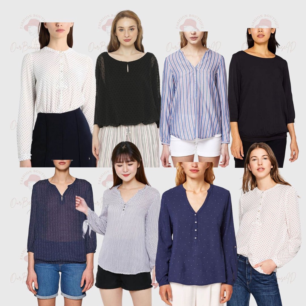 ESPRIT ผู้หญิงแยกคอเสื้อ Navy Henley เสื้อ Plumetti เสื้อสีดํา Bowsleeve ลายสีขาวยืดหยุ่น Flattering