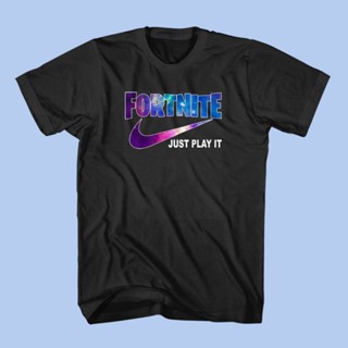 [COD] เสื้อยืดแขนสั้น ลําลอง ผ้าฝ้าย 100% พิมพ์ลาย Fortnite Just Play It Galaxy พลัสไซซ์ สีดํา ของขวัญว