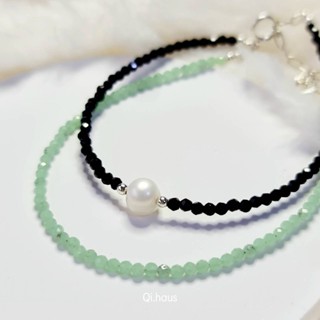 QIHAUS - สร้อยข้อมือหิน มินิมอล หยก Jade แบบเรียบ x นิลดำ มีมุก Black Spinel/ กำไลหิน/ กำไลมินิมอล/ สร้อยข้อมือ