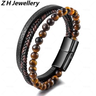 [Z H Jewelry] สร้อยข้อมือหนัง ลูกปัดอัญมณีธรรมชาติ หลายชั้น สไตล์ฮิปฮอป ร็อค เรโทร เครื่องประดับแฟชั่น สําหรับผู้ชาย