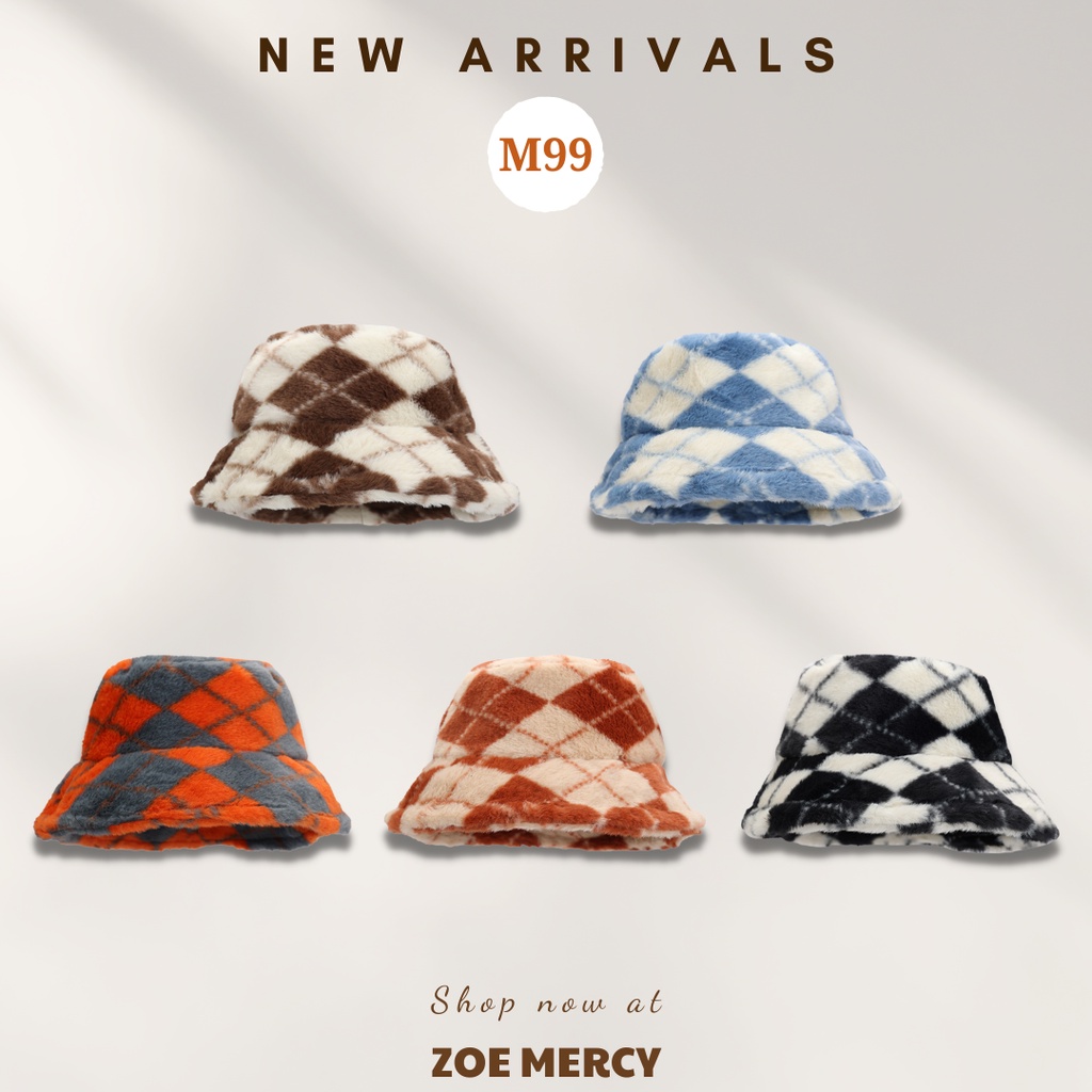 [AVAILABLE] หมวกบักเก็ตขนเฟอร์สไตล์ Ulzzang ลายเพชร (M99)