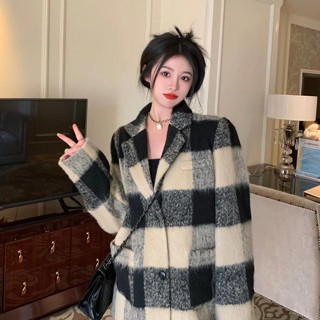 Retro Plaid Plaid Wool Padded Suit Jacket Female 2022 New Long-Sleeve Top Jacket