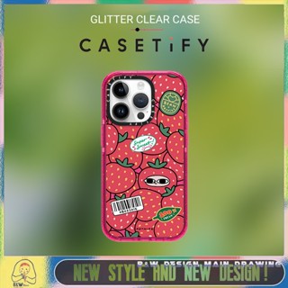 【Glitter Casetify】เคสโทรศัพท์มือถืออะคริลิคใส แบบแข็ง กันกระแทก ลายสตรอเบอร์รี่ สีชมพู สําหรับ iPhone14 13 12 11 Pro Max