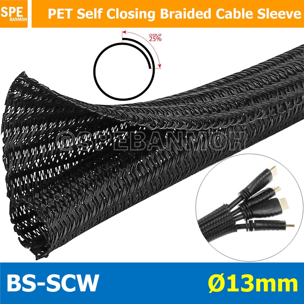 [ 1 เมตร ] BS-SCW I.D = 13 mm. สายถักหุ้มสายไฟ แบบผ่า หนังงูหุ้มสายไฟแบบผ่า Self Closing Braided Cable Sleeve หนังงูผ…