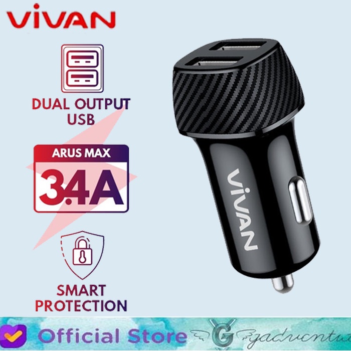 VIVAN Car Charger CC02C 3 4A Dual USB Smart IC Quick Charging Black NEW H5N8 แนะนําปลั๊กชาร์จรถยนต์ 