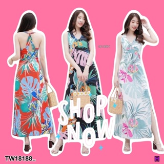 J18188 เดรสยาวคอวี ลายใบไม้ Long dress, v-neck, leaves pattern