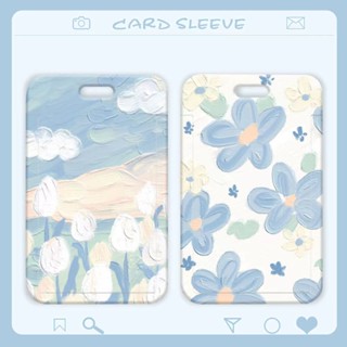 กระเป๋าใส่นามบัตร บัตรรถบัส ลายภาพวาดสีน้ํามัน รูปดอกไม้ สีฟ้า สําหรับนักเรียน โรงอาหาร บัตรประจําตัวประชาชน