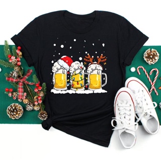 เสื้อยืด CX- Wine Glass Christmas Hat Women T-shirt Fashion Lady Holiday Merry Christmas New Year Tops Cartoon Shirt